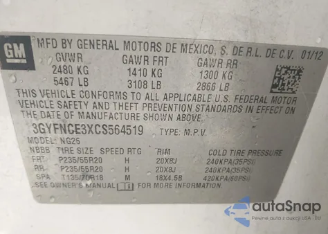 2012 Cadillac Srx Premium Collection from USA, damaged, VIN 3GYFNCE3XCS564519